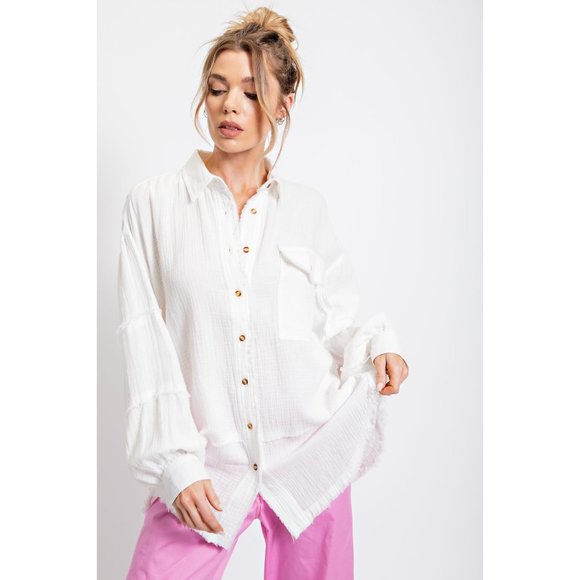 Easel Plus Off White Cotton Raw Hemline Curved Balloon Sleeve Loose Fit Top - Picture 3 of 5